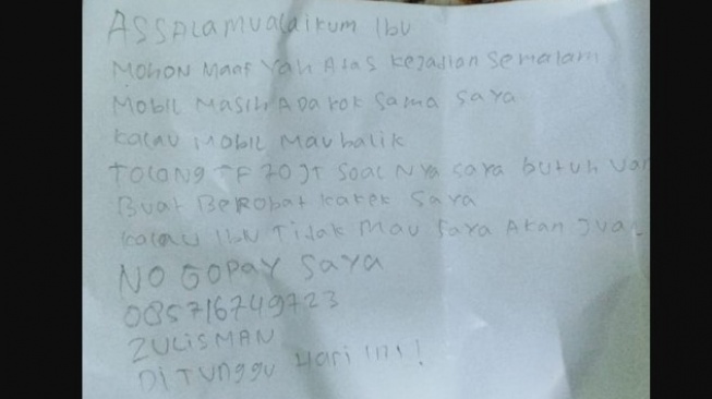 Korban begal di Jatiasih justru dikirimi sebuah surat yang diduga dikirim oleh pelaku. Surat yang ditulis dengan pensil itu berisi permohonan maaf dan permintaan agar korban mengirimkan sejumlah uang [Istimewa]